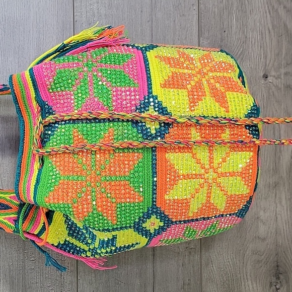 Wayuu Handmade Neon Rhinestone Drawstring Tote Shoulder Bag Purse Handbag - Picture 3 of 13